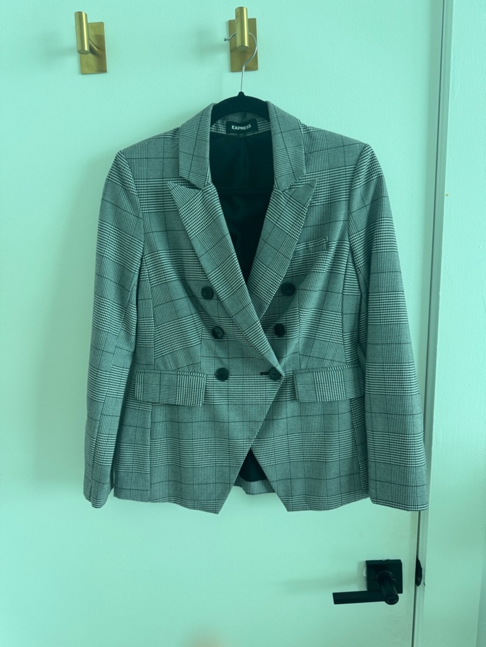Express Double-Breasted Glen Plaid Blazer in Black and Gray